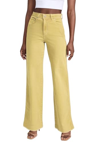 Allimy Women's Straight Leg Flare Jeans High Waisted Strechy Raw Hem Denim Pants, Bright Yellow, 14