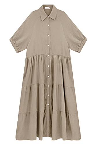 R.Vivimos Women's Summer Cotton Half Sleeves Button Down Casual Loose Slit Midi Dress with Pockets4