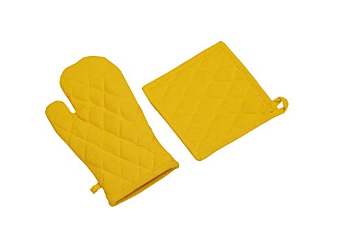 Oven Mitt & Pot Holder Set, Pack of 2, Premium Heat Resistant Kitchen Wares, Cotton Fabric Quilted, Yellow, Plain, Machine Washable and Heat Resistant Pocket Mitts for Kitchen Cooking and Baking