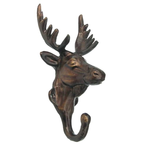 Deer Head Wall Hook - Single Hook, Rustic Cast Iron Holder Wall Mounted Design for Coats, Towels, Clothes, Keys – Decorative Elk Antler Design for Lodge, Cabin or Country Home - Rustic Brown, 7 Inches