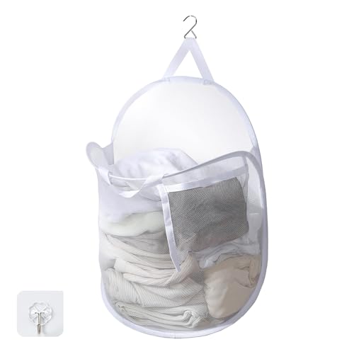 TECHMILLY ランドリーバスケット 壁掛け 洗濯かご 大容量 自立 ランドリーバッグ メッシュ 省スペース 収納 洗濯物 袋 かご 持ち運び可能 軽量 旅行 ゴミ箱 幅さ40CM長さ20CM高さ53CM (ホワイト、1PCS)