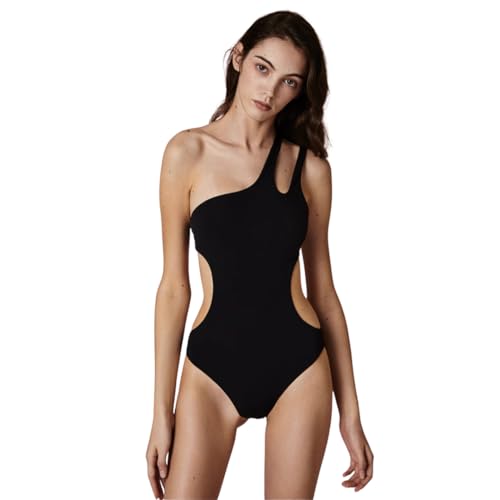 Atlantic Beach One-Shoulder Asymmetric Monokini – Cutout, Backless One-Piece Swimsuit for Women – Black & White