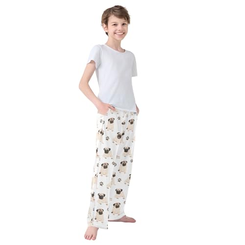 CaTaKu Boys Cute Pugs Pet Paw Pants for Boys Girls Wide Leg Sweatpants Kids Long Bottoms with Pockets Size 6-14Y3