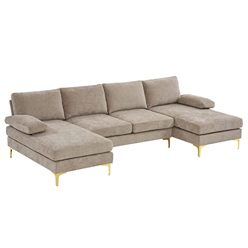 Vingli U-Shape Sectional Sofa,U Shaped Couch For Living Room,110" Modern Sectional Couch With Soft Chenille Fabric,Double Lounge Chaise,Metal Legs（Khaki） #TOP2