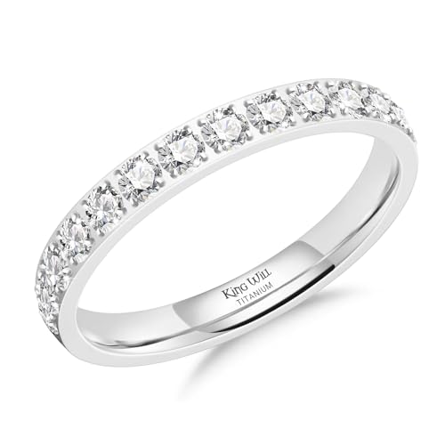 King Will CZ Simulate Diamond Stackable Rings for Women, Full Eternity Wedding Band, 3mm Titanium Silver/Gold/Rose Gold Plated Pink Cubic Zirconia Anniversary ring, Hypoallergenic & Comfort Fit