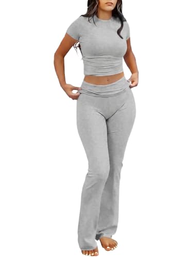 Image of IWOLLENCE Loungewear Sets for Women UK Two Piece Outfit Short Sleeve Crop Top and High Elastic Waist Wide Leg Trousers Co Ord Set (Light Gray, XS)