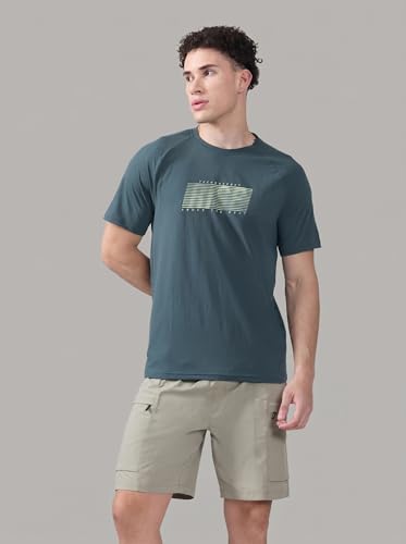 Image of TECHNOSPORT Men's Typography Printed T-Shirt COTFLEX Quick Dry Slim Fit Round Neck Sports Tee for Gym Running Casual Wear UPF50+ Anti Odour