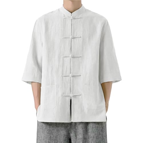 Camisa de Kung Fu de algodón y lino para hombre - Estilo tradicional chino de traje Tang, chaqueta de manga larga, adecuada para Tai Chi y ocasiones culturales, blanco, M