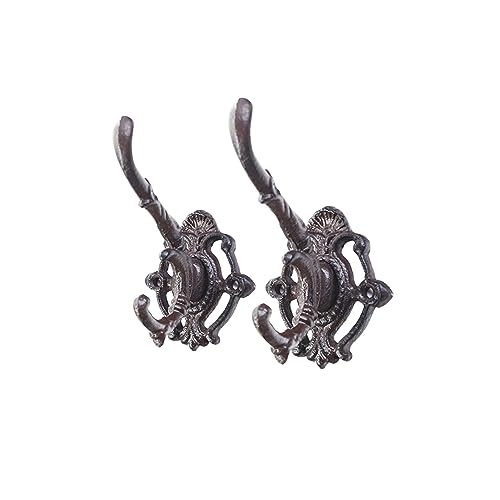 2PCS Cast Iron Vintage Double Wall Mounted Hooks Rustic Coat Hooks Decorative Cast Iron Vintage Decorative Cast Iron Wall Mounted Coat Hooks Hooks for Coats Hats Purse Towels