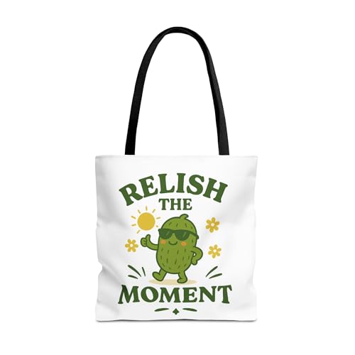 Relish the Moment Tote Bag, Funny Pickle Pun Grocery Tote, Sunny Retro Foodie Gift, Reusable Canvas Bag with Cute Cartoon