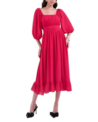 SIXDO Puff Sleeves Voile Flared Dress, Casual Spring Summer Dress (US, Alpha, X-Large, XX-Large, Regular, Regular, Rose)