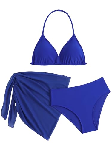 Image of SEGT Girl's 3 Piece Striped Bikini Swimwear Cute Swimsuits Bathing Suit High Waisted with Cover Up Beach Skirt