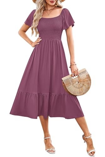 AUSELILY Women's Summer Empire Waist Dress Smocked Flutter Short Sleeve Square Neck Midi Dresses 2025 New