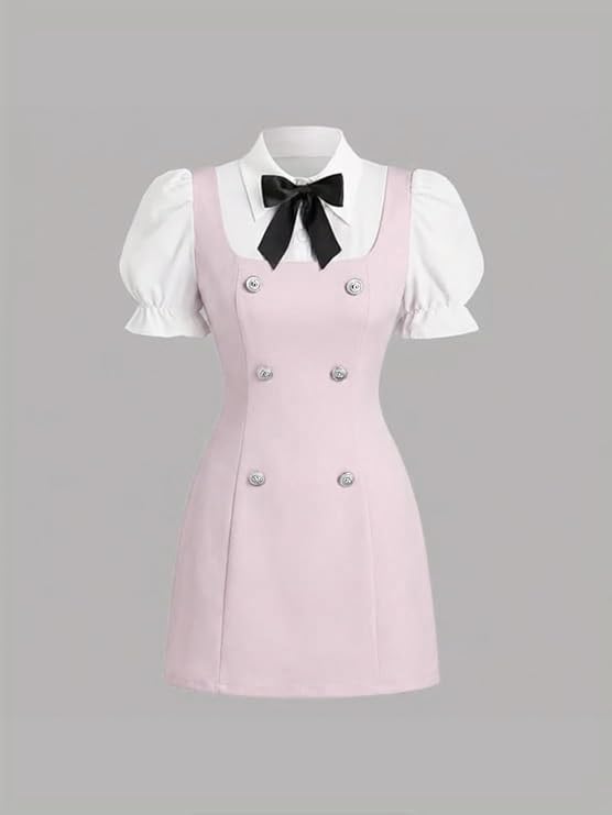 Image of Women Short Dresses 2 In 1 Colorblock Turndown Collar Lantern Sleeve Black Suit Cute Dress