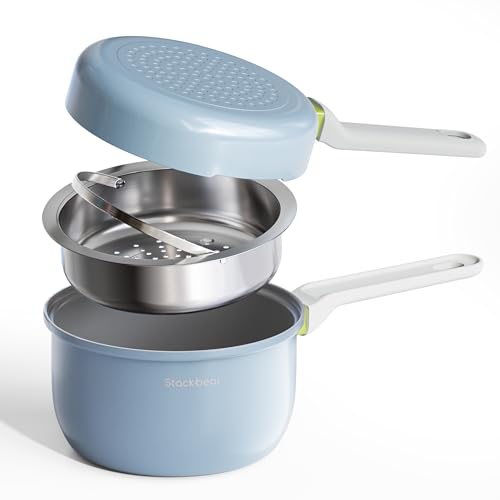 Ceramic Non Stick Frying & Sauce Pan Set, 2.5QT Saucepan, 7" Egg Omelette Pan & 18/10 Stainless Steel Steamer, Induction Cookware Set for Quick Meals, PTFE, PFOA & PFAS Free, Dark Blue