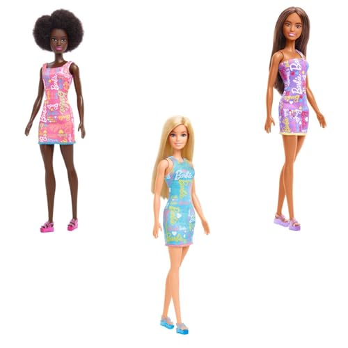 Barbie Fabulous Dolls with Signature on Dress in Blue, Purple, and Pink (Bundle of 3)