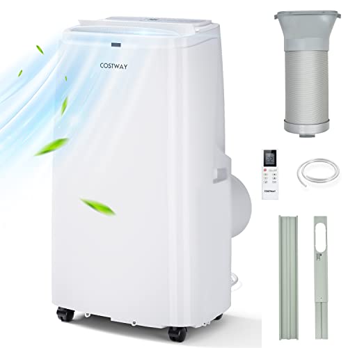 COSTWAY 9000/12000BTU Portable Air Conditioner, 4 in 1 Mobile Cooler, Dehumidifier, Fan with Sleep Mode, 3 Speeds, Auto Oscillation, LED Display, Remote Control, 24H Timer & Adapter(12000BTU)