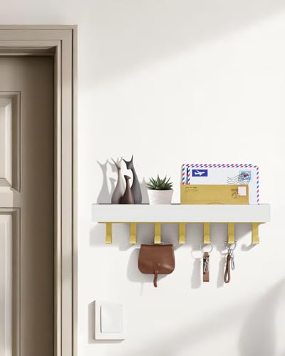 Image of Key Holder Wall Mount Magnetic Adhesive - Key Hooks Rack with shelf | Key Hanger with Mail Organizer for RV Camper Fridge Living Room Decor, Home Essentials, Large Gold White