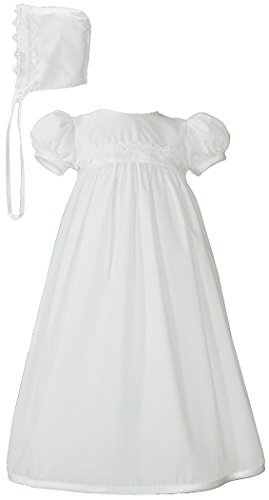 White Polycotton Christening Baptism Gown with Lace Trim & Bonnet