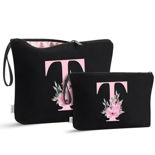 Image of Vavabox A-Z Personalized Makeup Bag, Birthday Gifts for Women Mom, Gifts for Best Friend, Bride Bridesmaid Cosmetic bag (T, 04-Black Set)