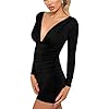 GOBLES Women's Sexy Long Sleeve V Neck Ruched Bodycon Mini Party Cocktail Dress Black