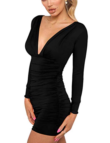 GOBLES Women's Sexy Long Sleeve V Neck Ruched Bodycon Mini Party Cocktail Dress - Image 4