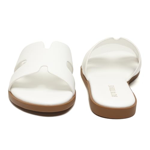 Image of Womens Flat Sandals Dressy Summer Slides Comfortable Casual Open Toe Vacation Sandals Slip On Slides Leather Sandals for Women