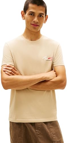 Tommy Jeans Herren T-Shirt Kurzarm Slim Sign Chest mit Logo, Beige (Gentle Gold), S – Ansicht 1