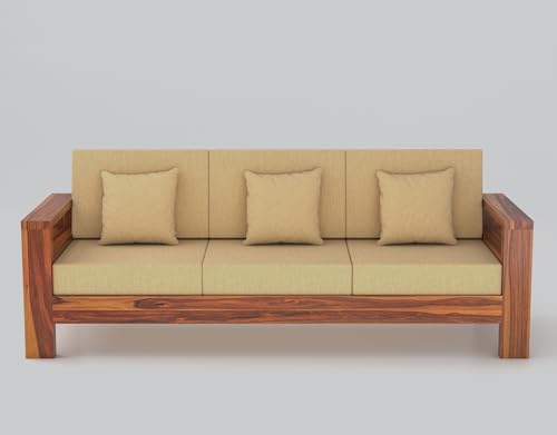 Image of Furniture Solid Sheesham Wood 3 Seater Sofa Set | Multipurpose Wooden Three Seater Lounge Sofa Set Furniture for Living Room, Home and Office (Honey Finish)