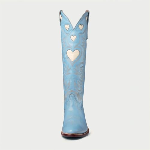 Women's Cowboy Boots Wide Calf Knee High Cowboy Boots Western Embroidered Stars Almond Toe Chunky Heel Wedding Boots3