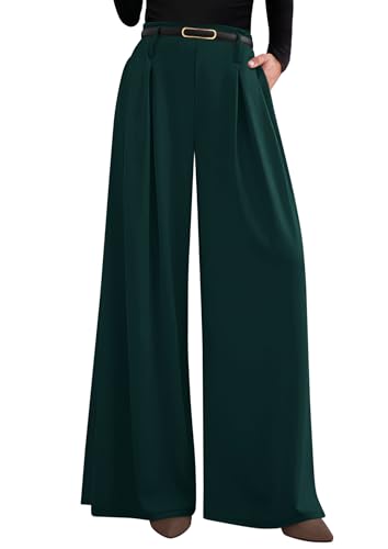 PRETTYGARDEN Womens Spring Wide Leg Trousers 2026 High Elastic Waist Loose Pleated Long Flowy Palazzo Work Pants with Pockets (Dark Green,Large)