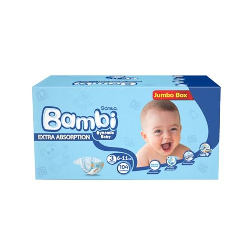Sanita Bambi Size 3 Medium 6-11 Kg Jumbo Box 104 Diapers