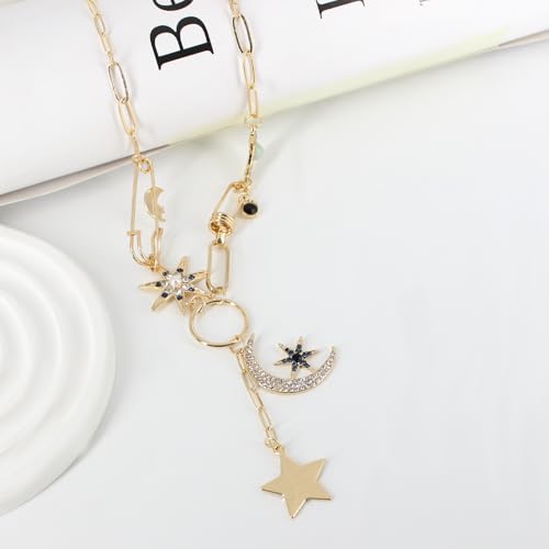 Boho Necklace Gold Plated Charm Paperclip Star Jewelry, Gold-Tone Moon and Star Long Necklace for Women Free People Jewelry4
