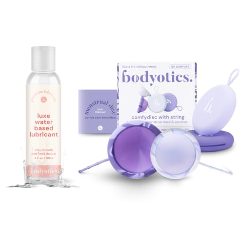 Image of Bodyotics Comfydisc 2-Pack Menstrual Discs (S and L) with Pull-Off String and Water-Based Lube Bundle (4 Fl Oz) - Leak-Proof, Body-Safe Silicone Discs and Personal Lube