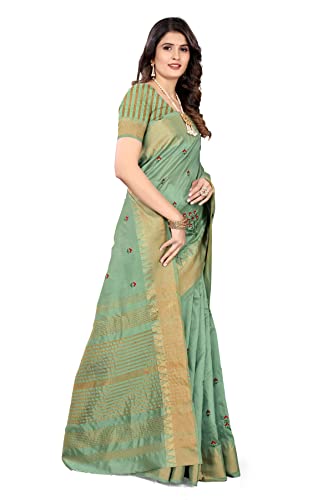 SERONA FABRICS Women's Assam Cotton Silk With Golden Border Thread Embroidery Saree With Blouse Piece