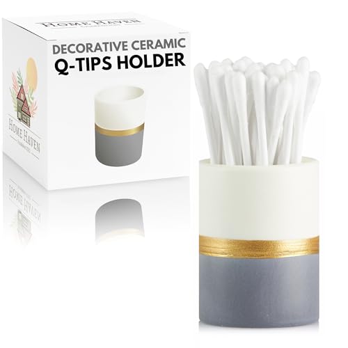 Home Haven Soporte Qtip – blanco/azul marino con rayas doradas – Soporte Q Tip para baño, decoración de tocador de baño, soporte para púas de hilo dental, soporte para hisopo de algodón, decoración de