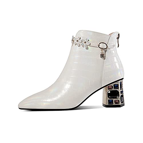 TinaCus Genuine Leather Women's Handmade Crystal Chunky Heel Pointed Toe Back zip Up Floral Belt Ankle Booties2