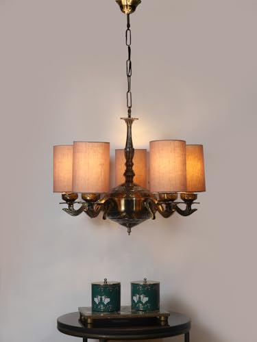 Image of Devansh 05 Lights Grey Round Cotton Shade with Antique Golden Chandelier