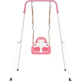 HAPPYMATY Toddler Swing Set with Metal Stand, 3-in-1 Baby & Kids Swing Seat for Indoor Outdoor Play, Safety Harness, Freestanding Swing for Nursery, Backyard or Playroom, Pink & White