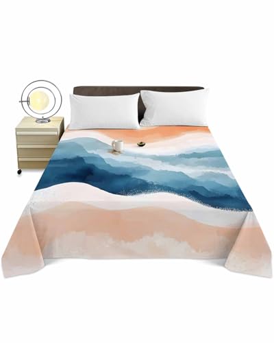 Twin XL Top Sheet Bedding Flat Sheet Only, Summer Seaside Gradient Waves Soft Microfiber Bed Sheets Hotel Luxury, Abstract Spray Breathable Top Sheets Easy Care