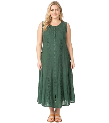 Image of Sakkas Maya Floral Embroidered Sleeveless Button Up Rayon Dress