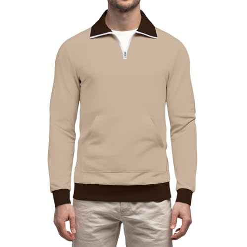 Mens Quarter Zip Pullover Quilted Sweatshirt Long Sleeve Mock Neck Sweater Polo Half Zip Pullover with Pocket2