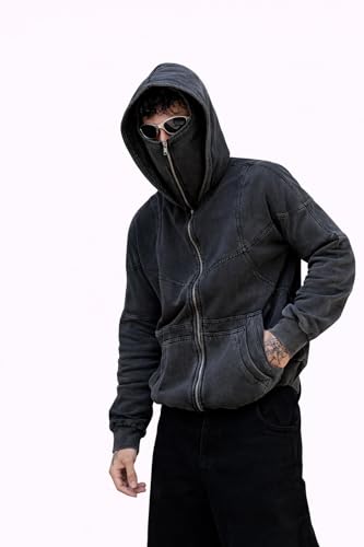 Image of Urban Fits Ashen Hoodie for Men | 420 GSM Heavyweight Cotton Terry | Oversized Structured Fit | Washed Grey Streetwear Zip Hoodie with Panel Design