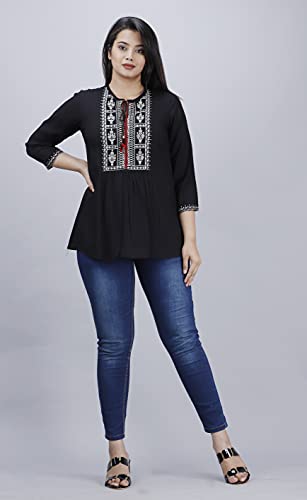 Image of Women's Rayon Regular Kurti (Small, Black Front PRINTEX-03)