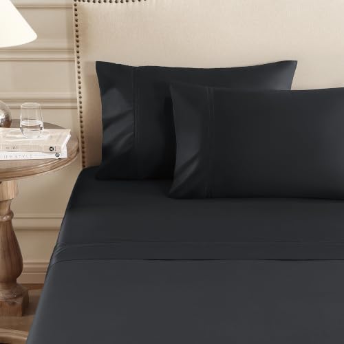 Pure Parima Yalda Sheet Set – 100% Certified Egyptian Cotton, Double-Hem Stitch (Black, Full)