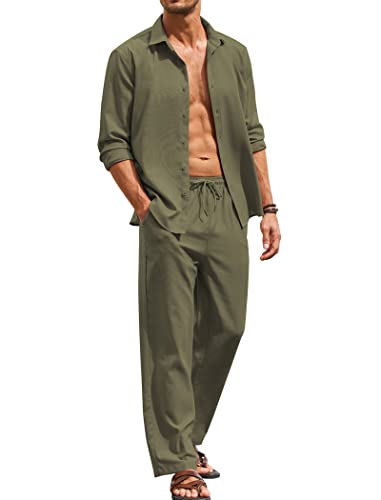 Coofandy Men Linen 2 Piece Set Solid Color Slim Fit Suits Wedding Summer Beach Outfits Army Green #TOP26