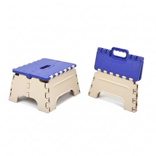 Image of U-MAX 7-Inch Folding Stool - Compact, Portable Step Stool for Kids & Adults, Lightweight Plastic Design, Slip-Resistant, Ideal for Kitchen, Bathroom, Camping & Travel (Blue&Ivory)