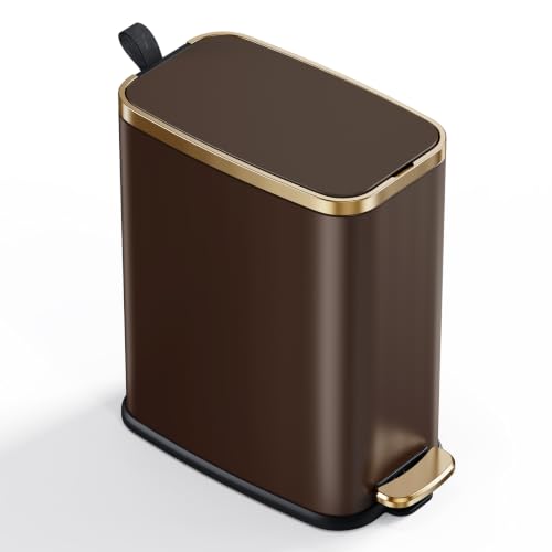 Image of CEROELDA Small Bathroom Trash Can with Lid-5L /1.3 Gal-Soft Close Lid-Brown