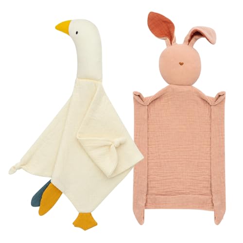 Image of 2-Pack White Goose & Pink Bunny Organic Cotton Muslin Lovey Blanket | Soft Muslin Comfort, Easy Grip Design, Teething Comfort, Self-Soothing Support