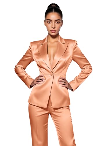 Luxury Womens Satin Blazer Pant 2 Piece Elegant Slim Fit Peak Lapel Formal Suit Set Wedding Evening Party Peach 3XL